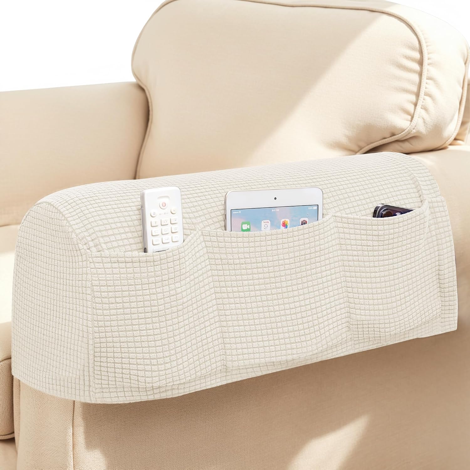 Ivory Checkered Sofa Arm Covers - Set of 2
