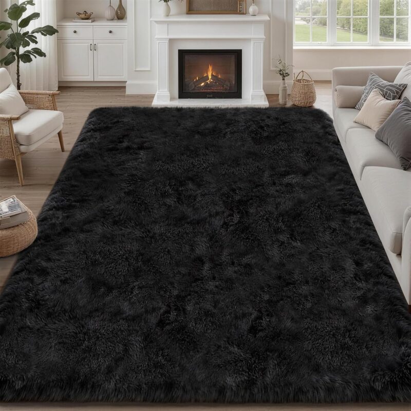 Black Fluffy Shag Area Rug 8x10