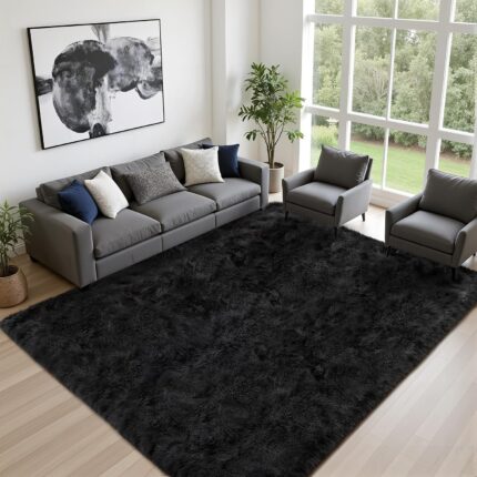 Black Fluffy Shag Area Rug 8x10