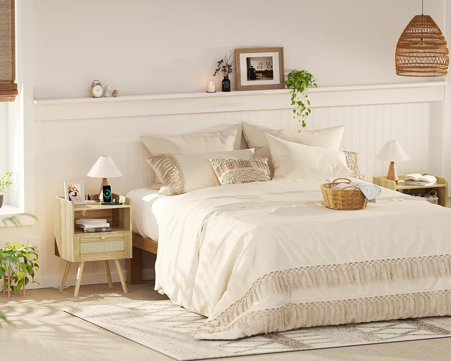 Natural Rattan Nightstand Set with Charging Station