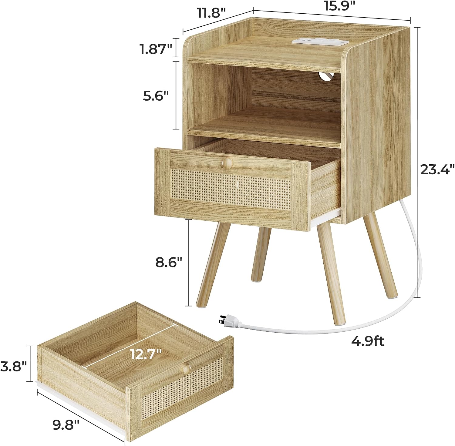 Natural Rattan Nightstand Set with Charging Station