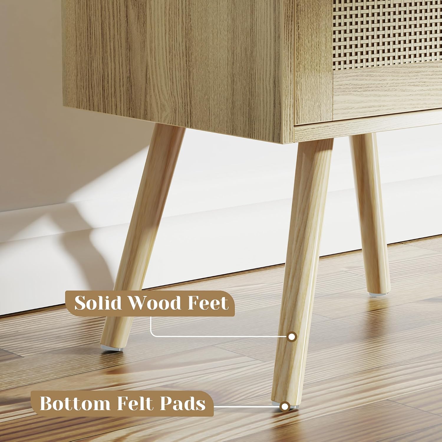 Natural Rattan Nightstand Set with Charging Station