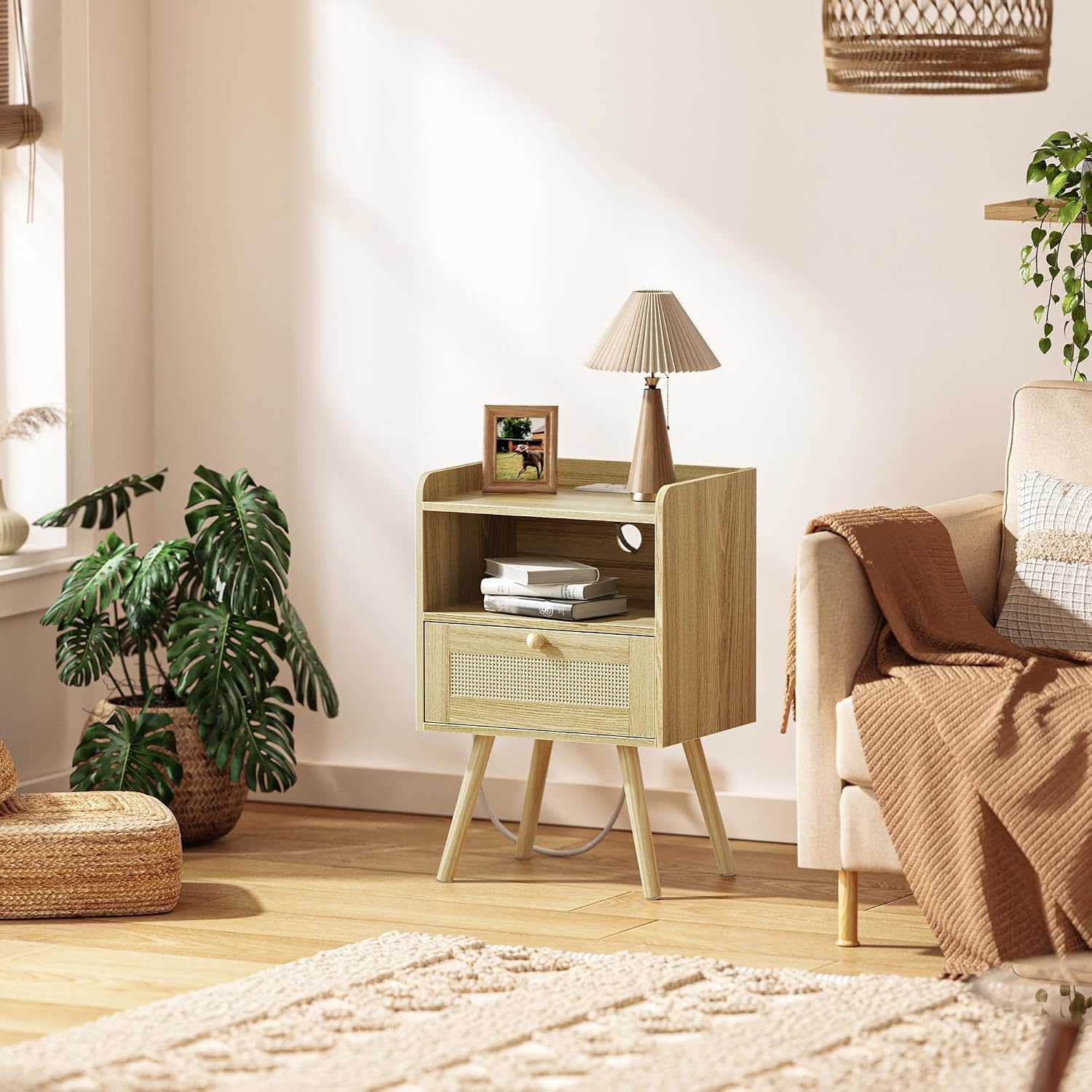 Natural Rattan Nightstand Set with Charging Station