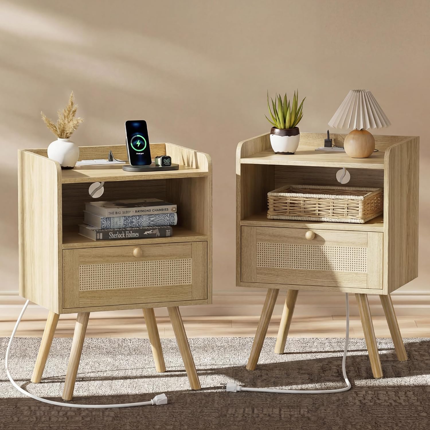 Natural Rattan Nightstand Set with Charging Station