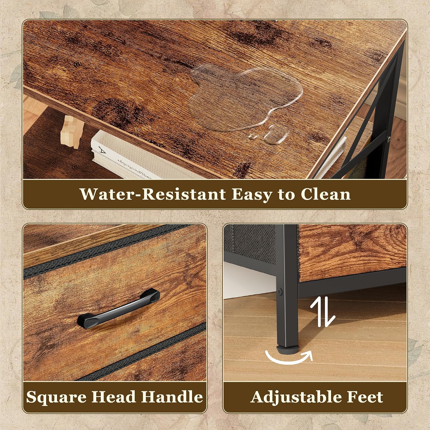 Rustic Brown Nightstand Set with Charging Station