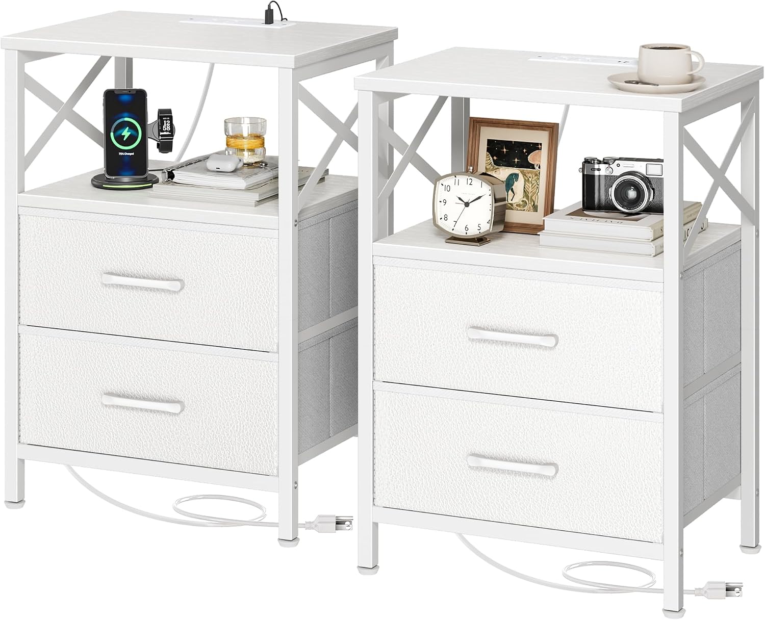 Rustic Brown Nightstand Set with Charging Station