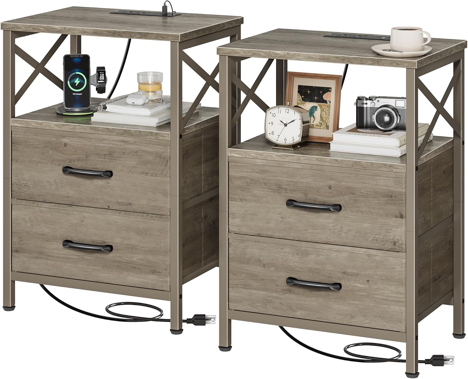 Rustic Brown Nightstand Set with Charging Station