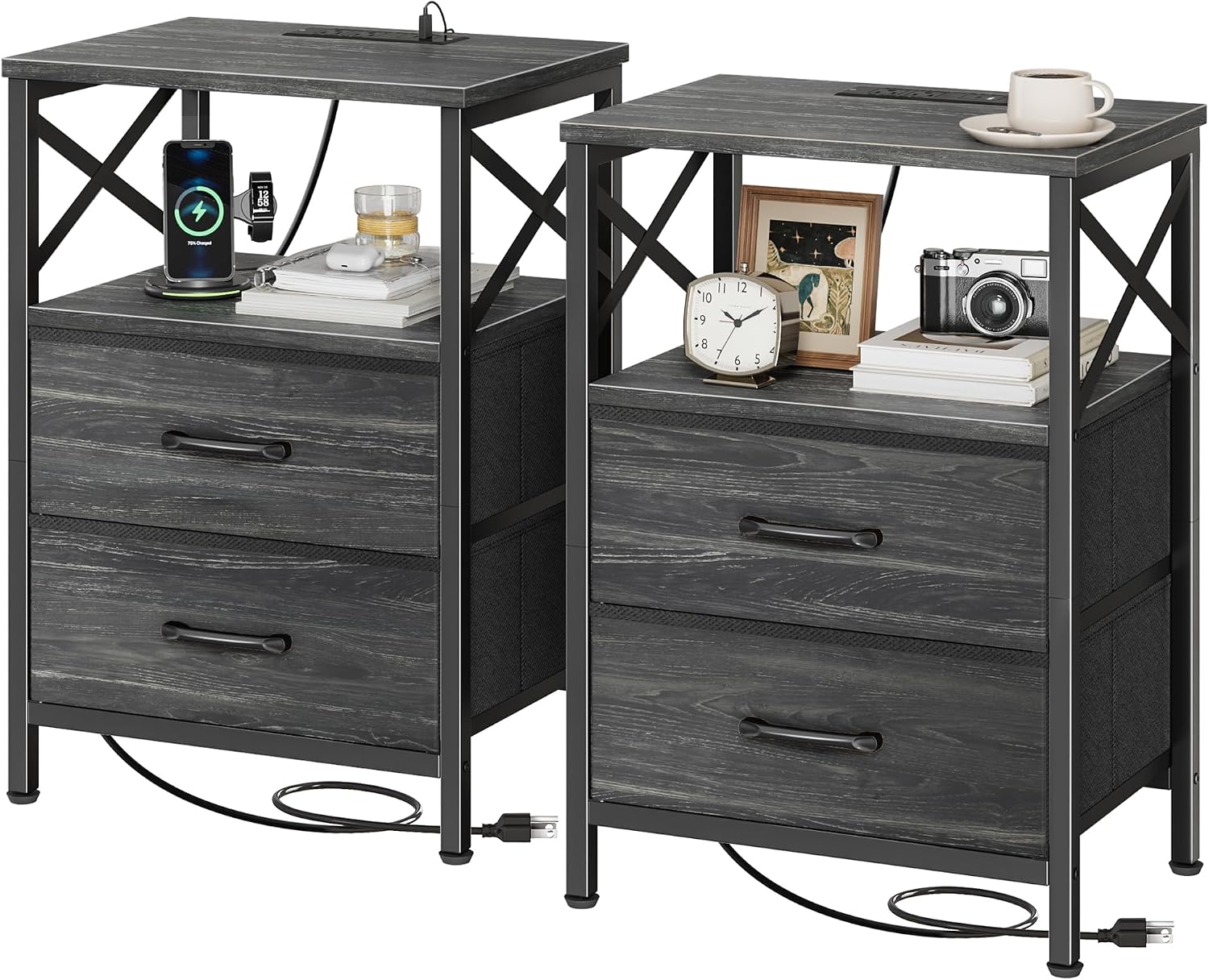 Rustic Brown Nightstand Set with Charging Station