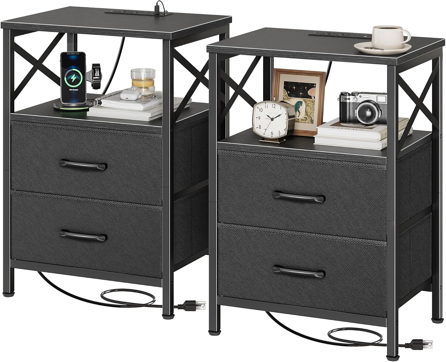 Rustic Brown Nightstand Set with Charging Station