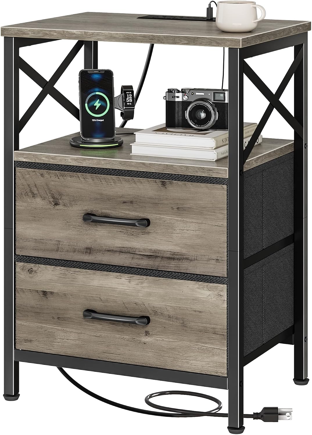 Rustic Brown Nightstand Set with Charging Station