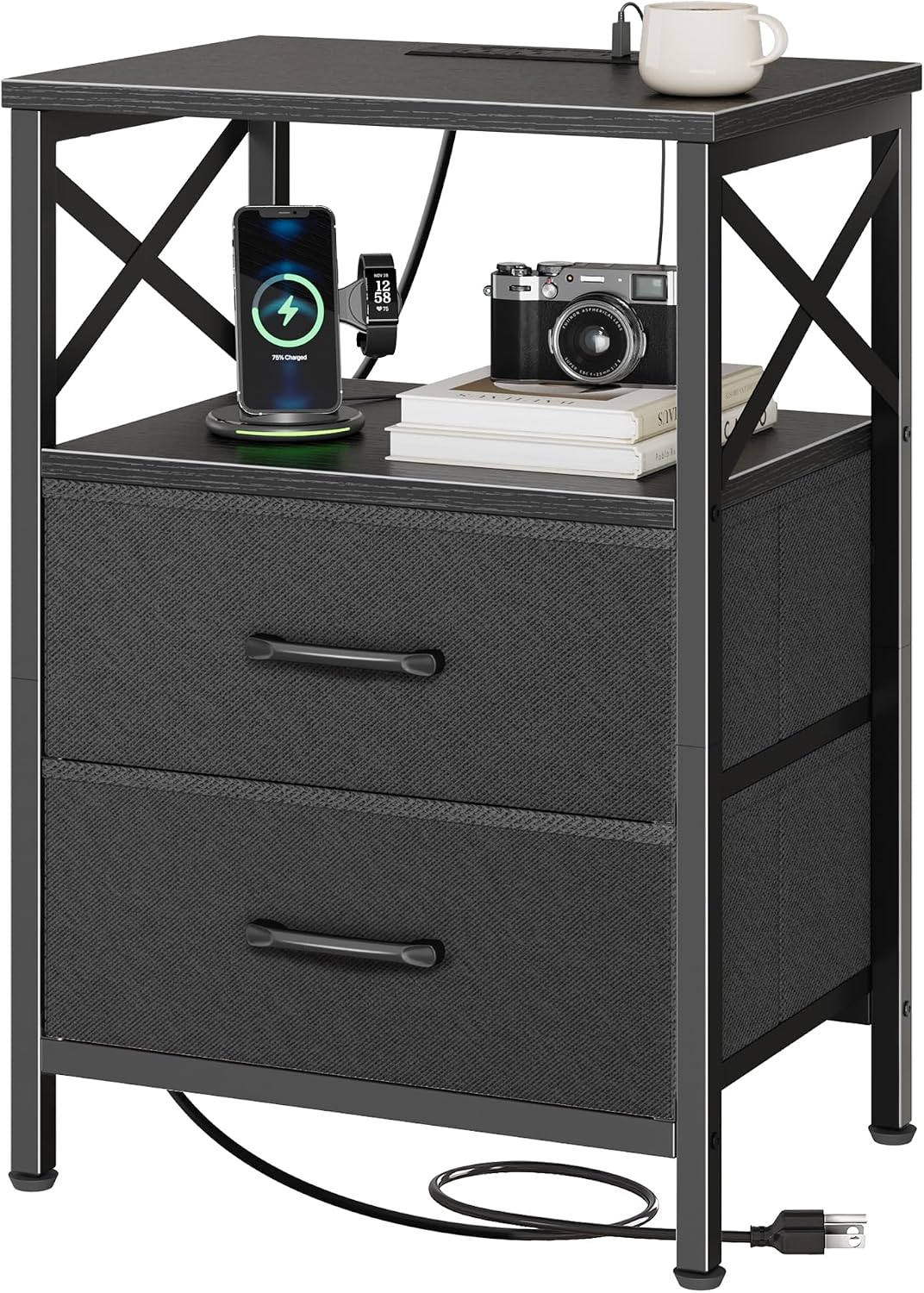 Rustic Brown Nightstand Set with Charging Station