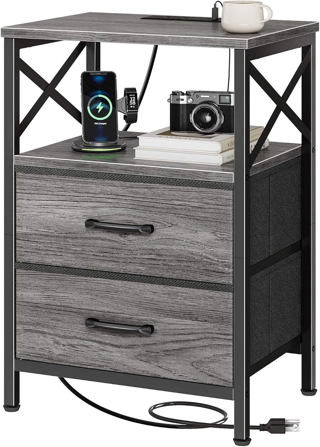 Rustic Brown Nightstand Set with Charging Station