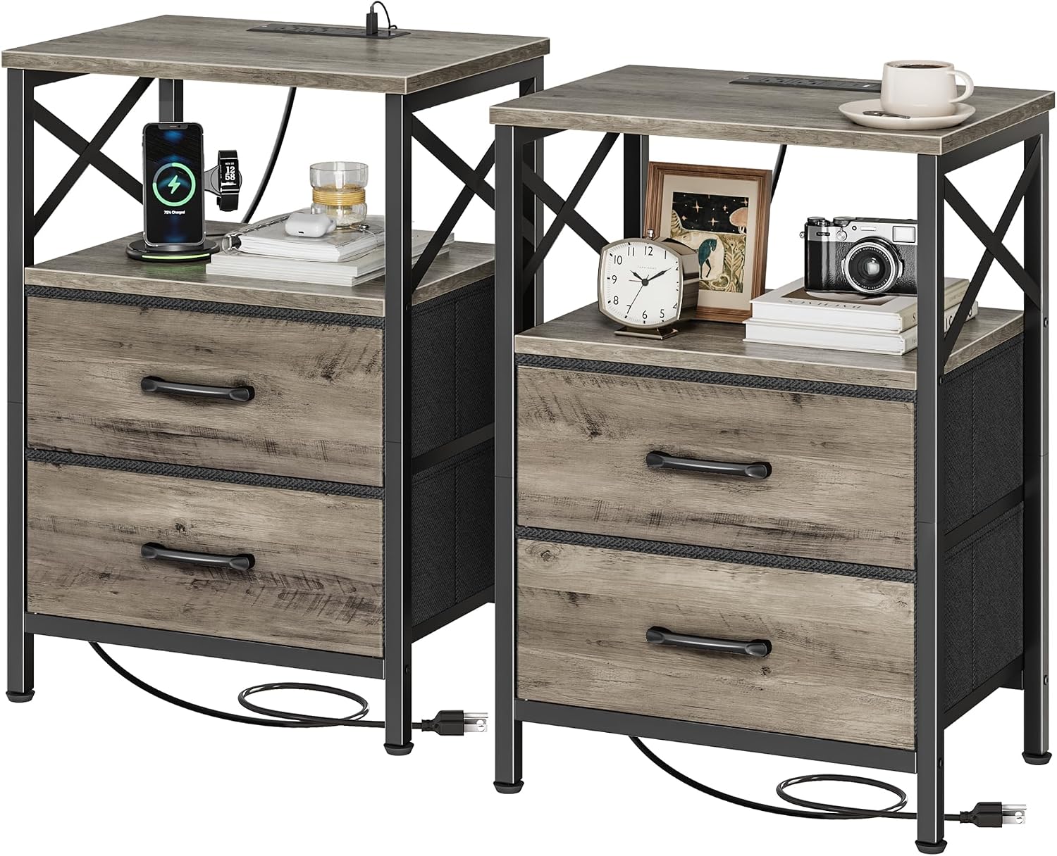 Rustic Brown Nightstand Set with Charging Station