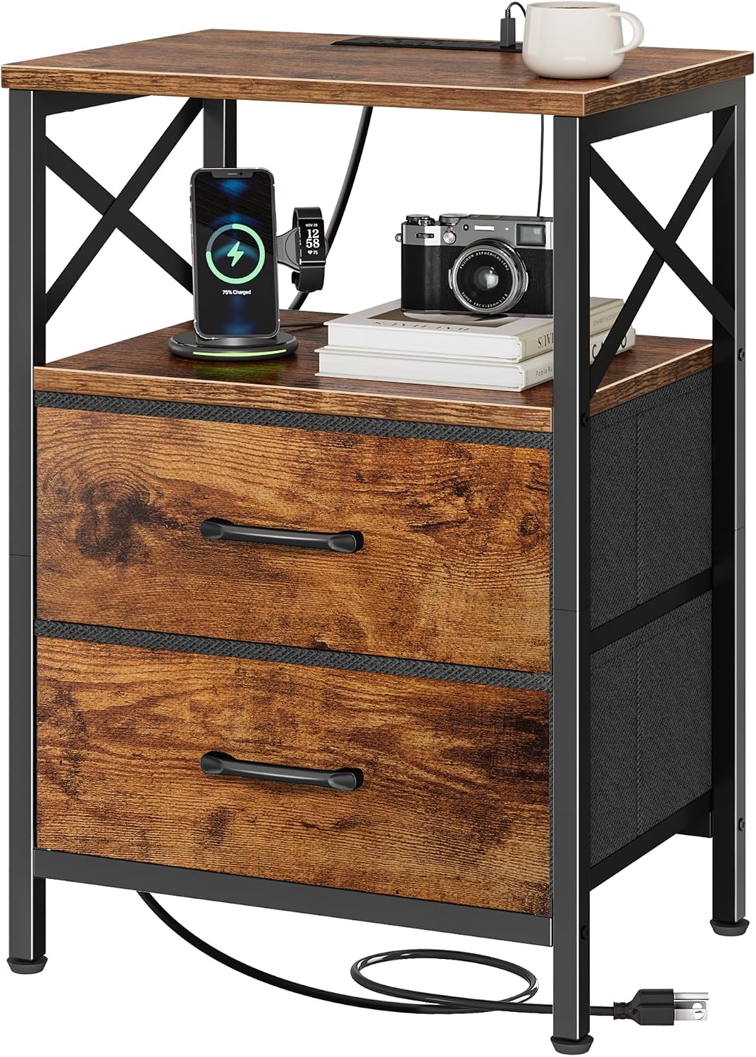 Rustic Brown Nightstand Set with Charging Station