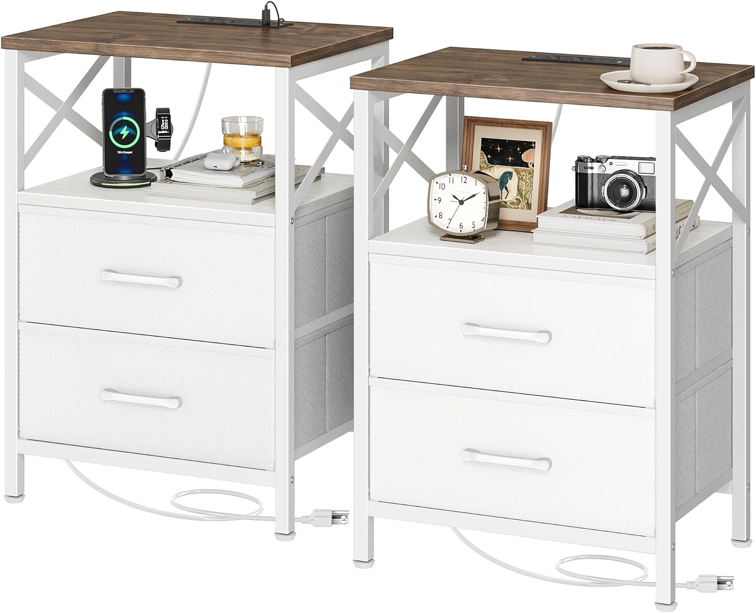 Rustic Brown Nightstand Set with Charging Station