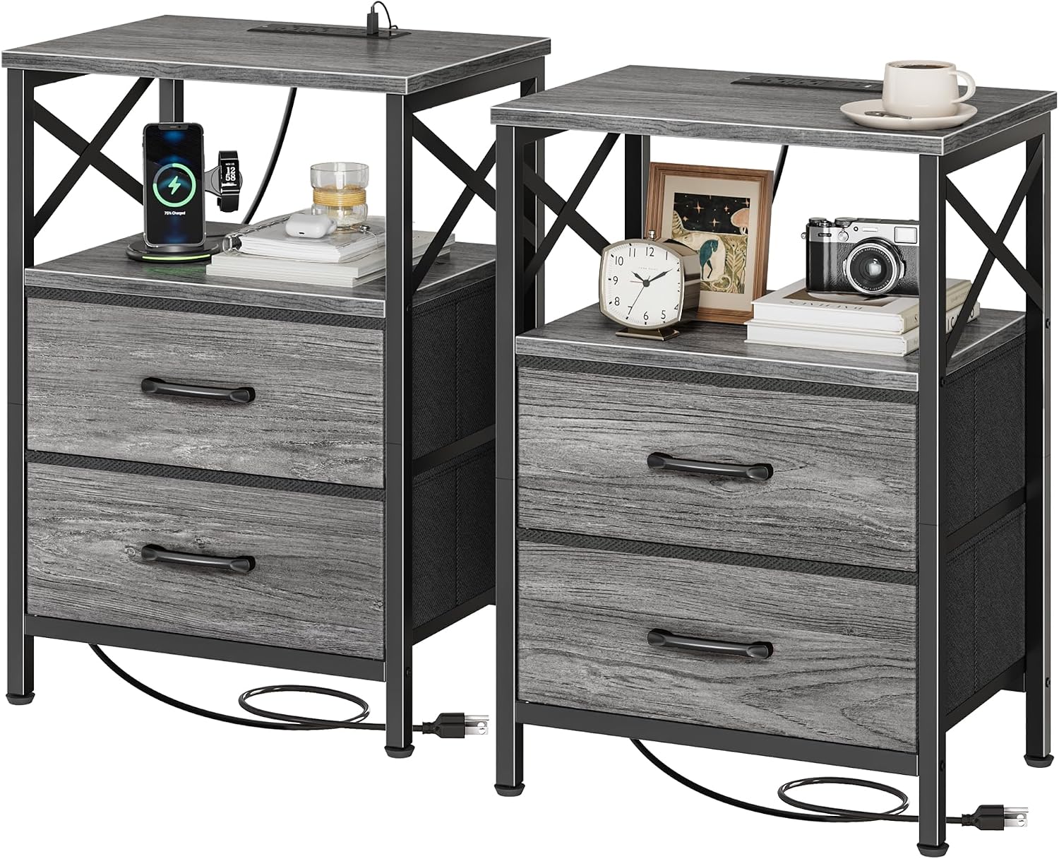 Rustic Brown Nightstand Set with Charging Station