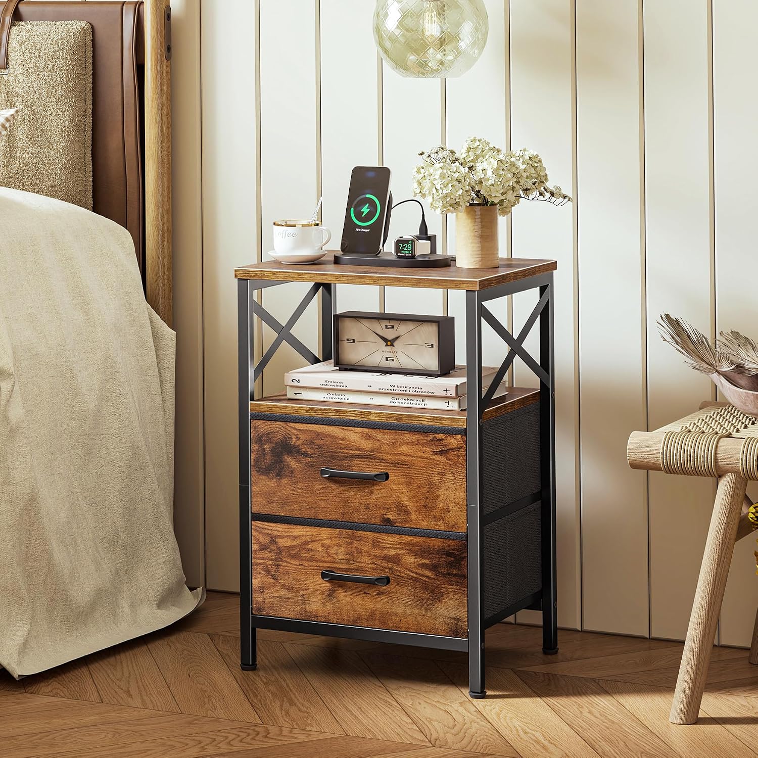 Rustic Brown Nightstand Set with Charging Station