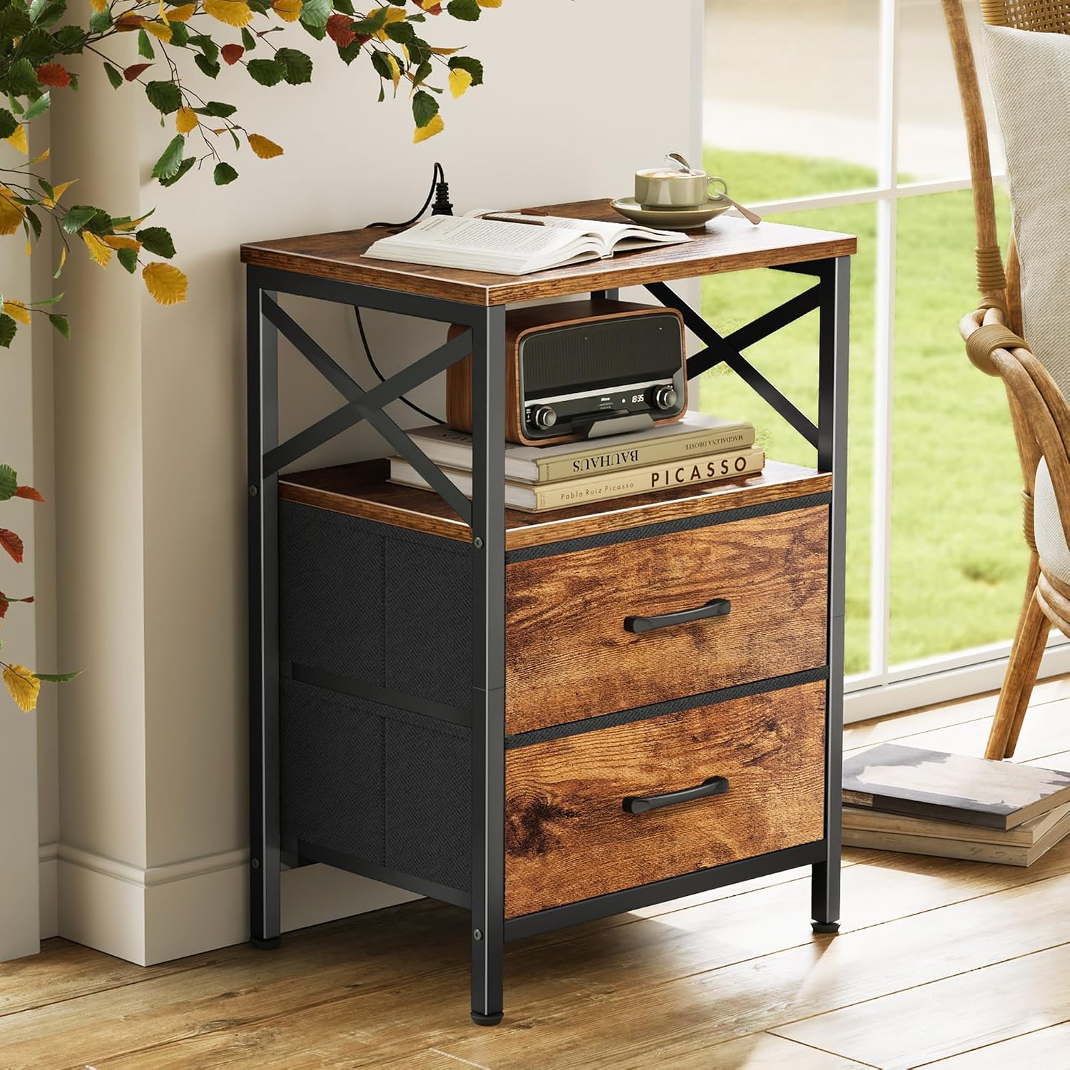 Rustic Brown Nightstand Set with Charging Station