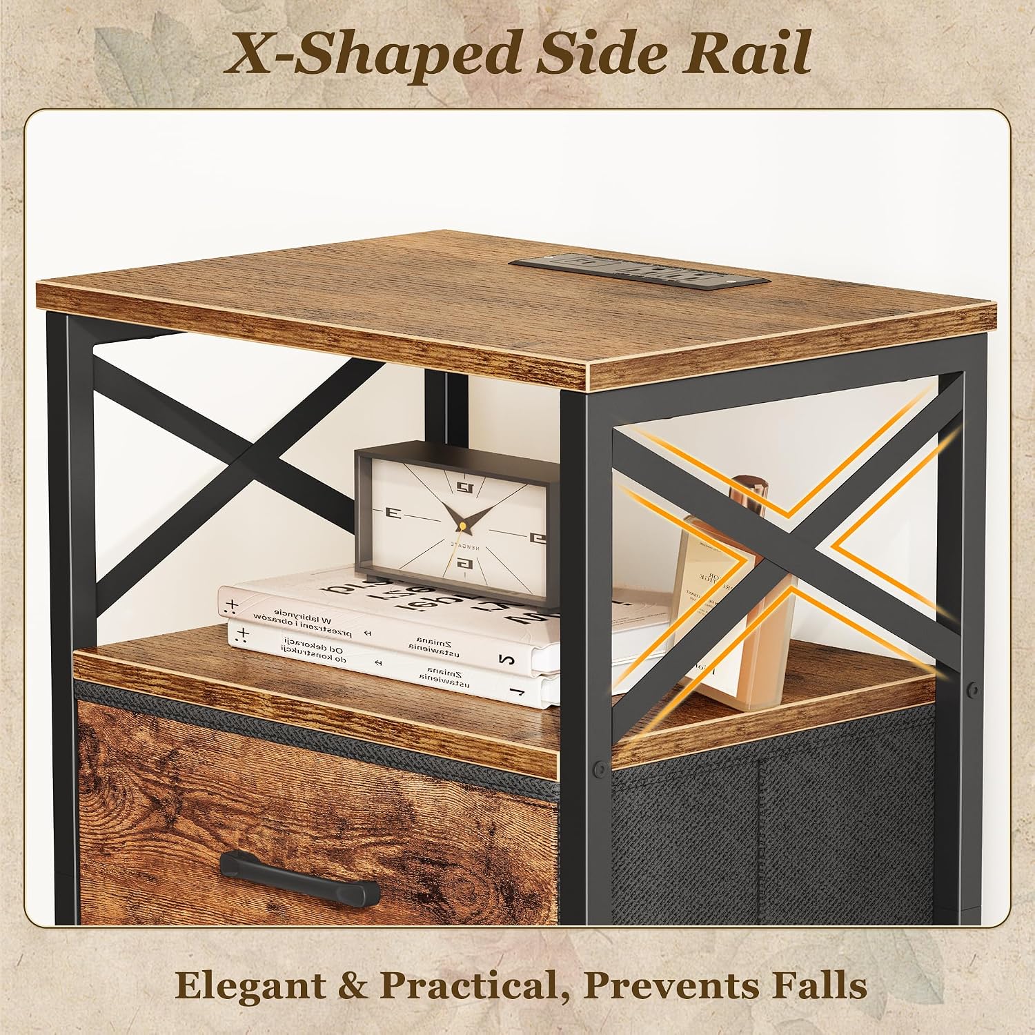 Rustic Brown Nightstand Set with Charging Station