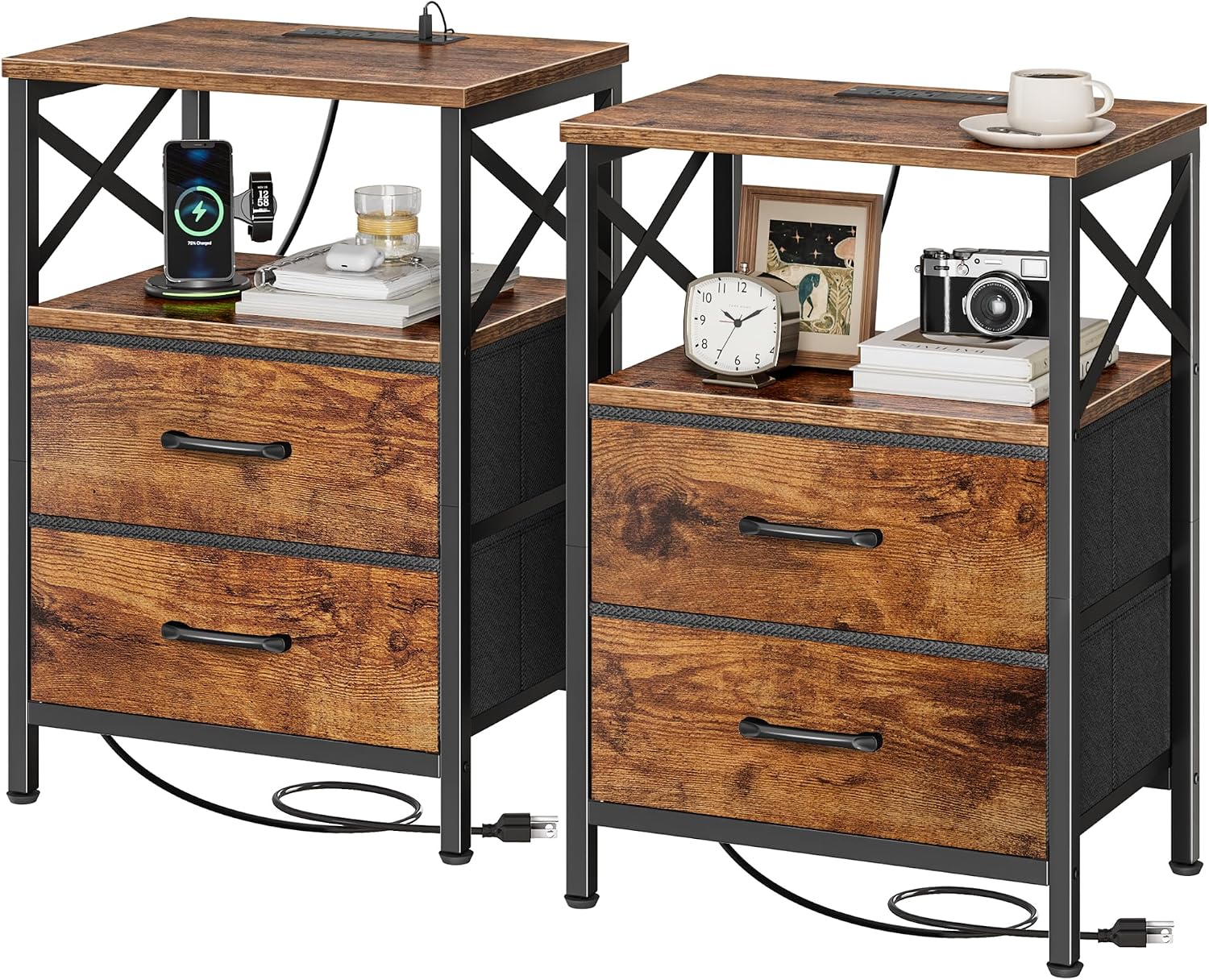 Rustic Brown Nightstand Set with Charging Station