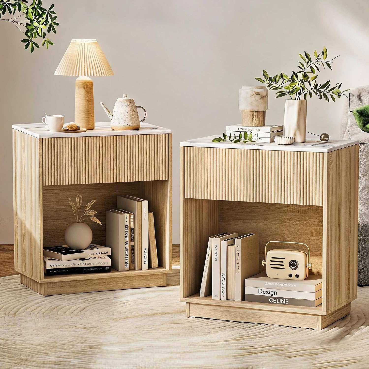 White Oak Fluted Nightstand Set of 2