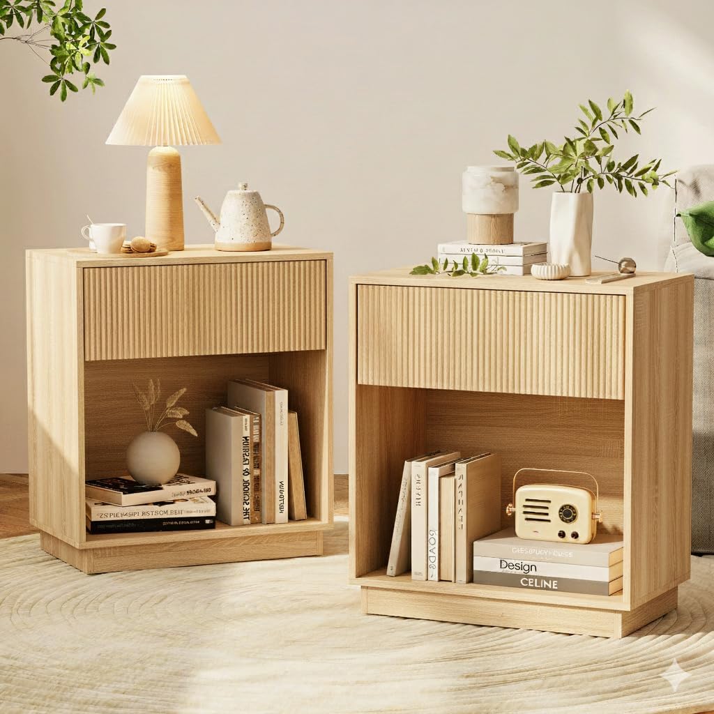 White Oak Fluted Nightstand Set of 2