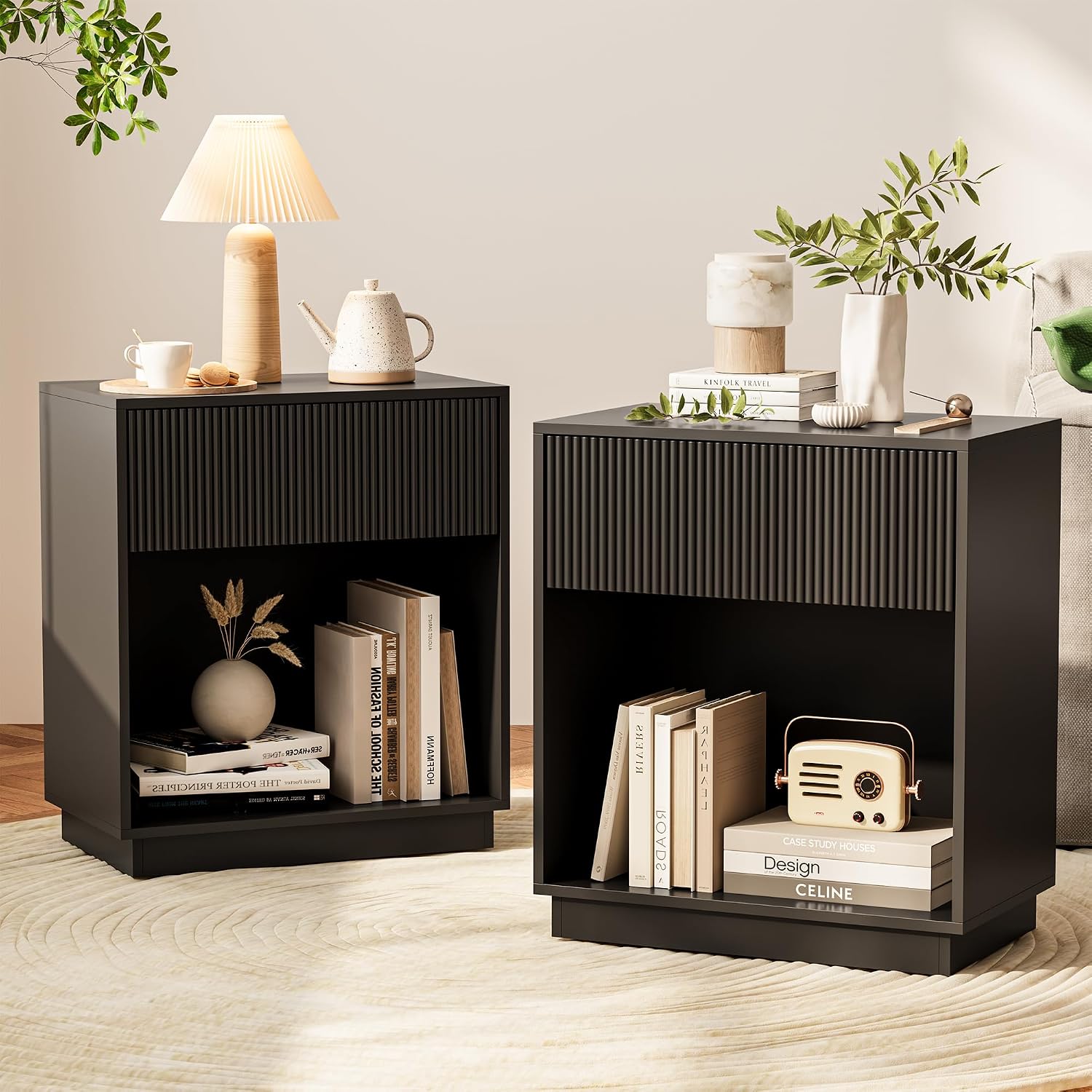White Oak Fluted Nightstand Set of 2