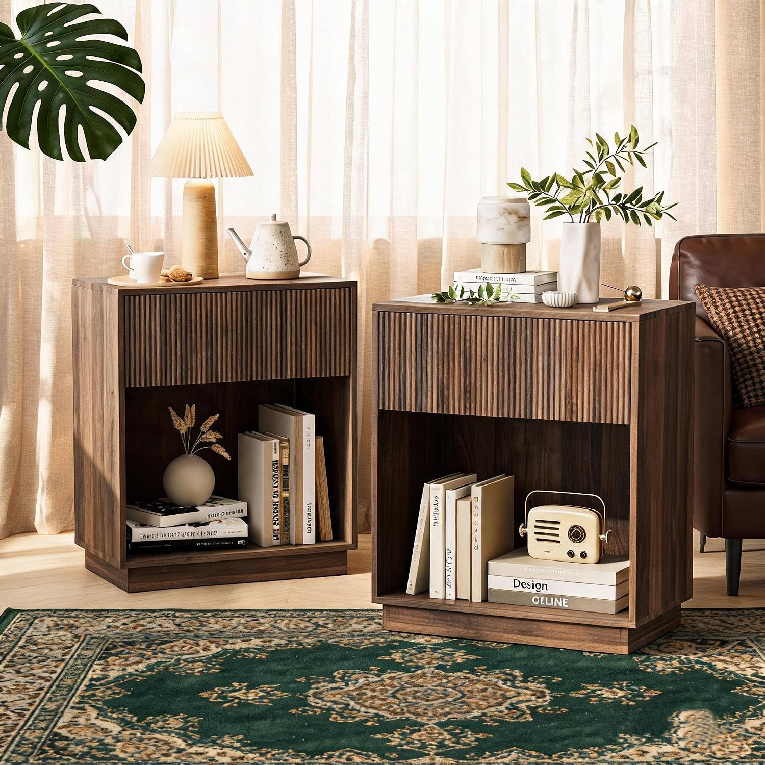White Oak Fluted Nightstand Set of 2