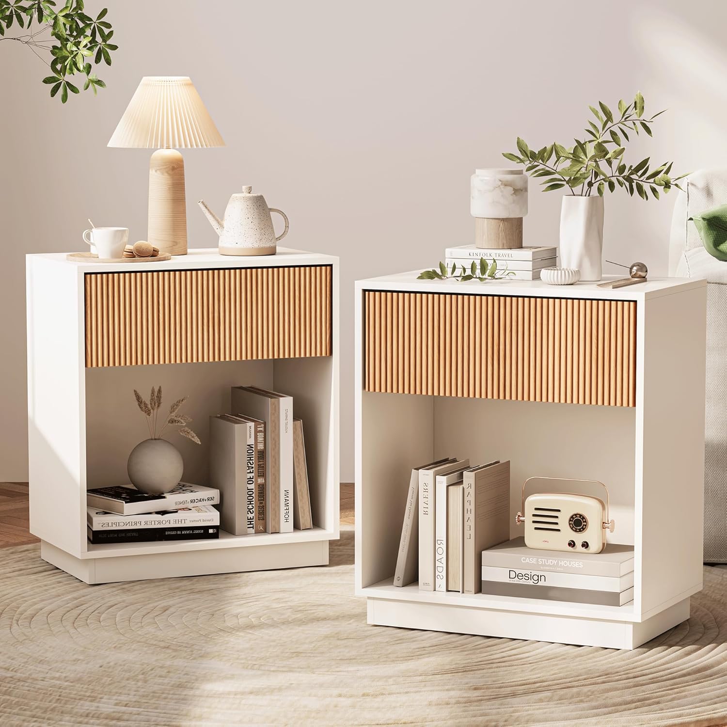 White Oak Fluted Nightstand Set of 2