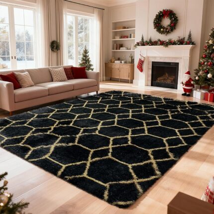 Black Gold Geometric Shag Rug